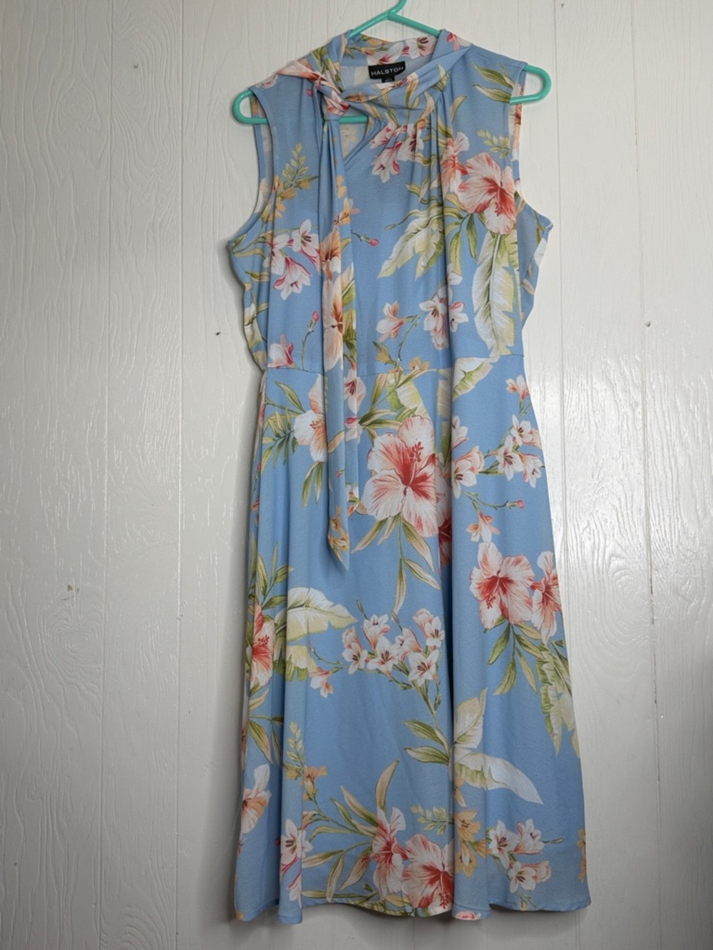Halston Heritage Sky Blue Floral Tie-Neck Midi Dress